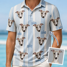 Man wearing Men's Pup Pendants Custom Dog Face Polo Shirt — custom faces printed all-over