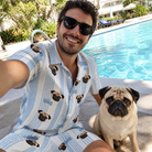 Selfie with the pet whose face is printed all over this Men's Pup Pendants Custom Dog Face Shirt & Shorts Set