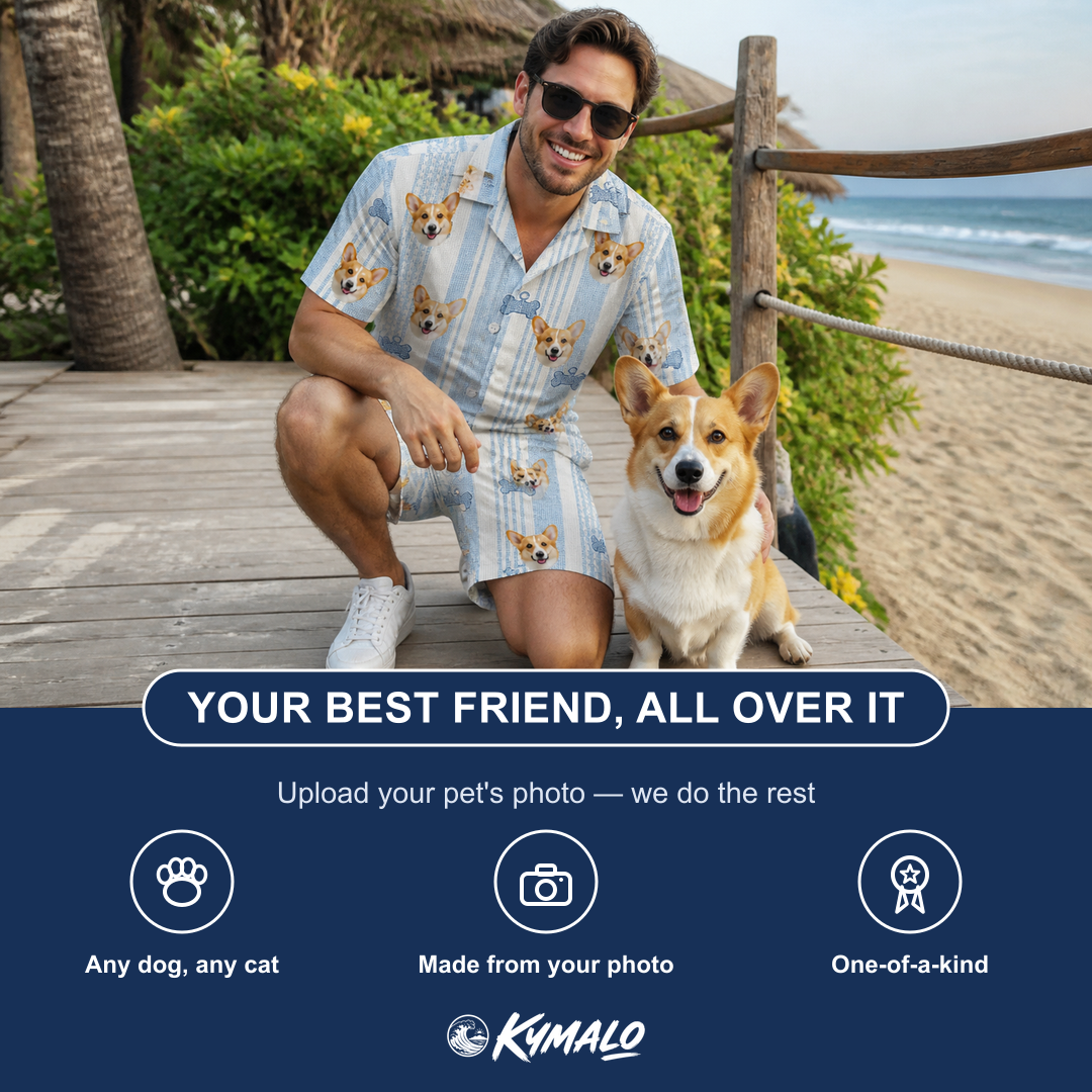 Friends in matching Men's Pup Pendants Custom Dog Face Shirt & Shorts Set — a group gift photo