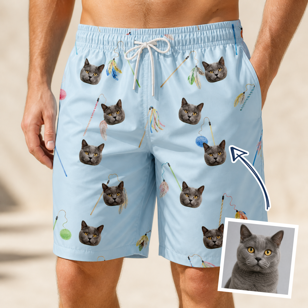 Man wearing Men's Pounce Patrol Custom Cat Face Beach Shorts — custom faces printed all-over