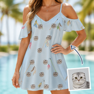 Woman wearing Women's Pounce Patrol Custom Cat Face Off-Shoulder Dress — custom faces printed all-over