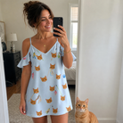 Selfie with the pet whose face is printed all over this Women's Pounce Patrol Custom Cat Face Off-Shoulder Dress