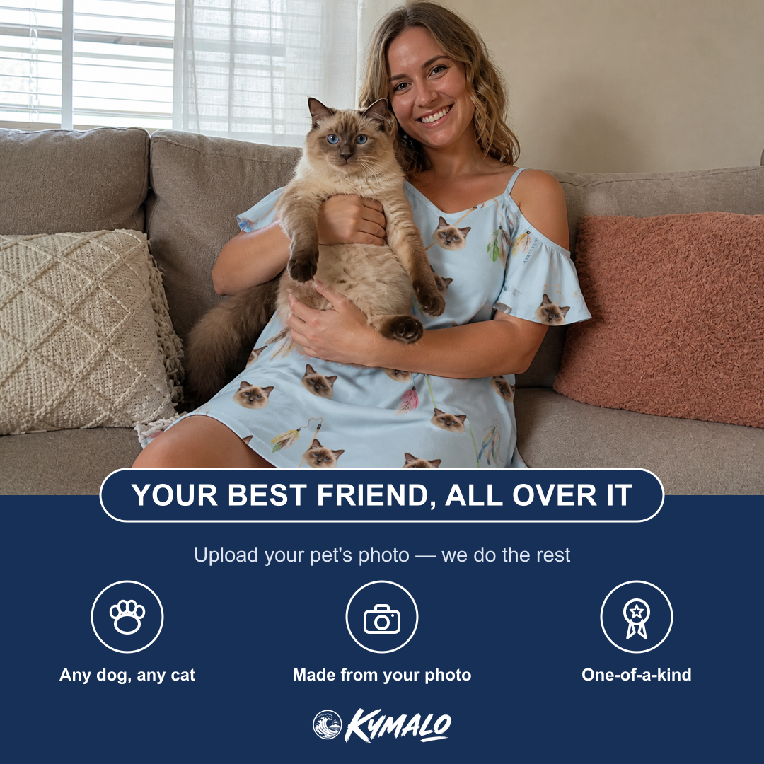 Friends in matching Women's Pounce Patrol Custom Cat Face Off-Shoulder Dress — a group gift photo