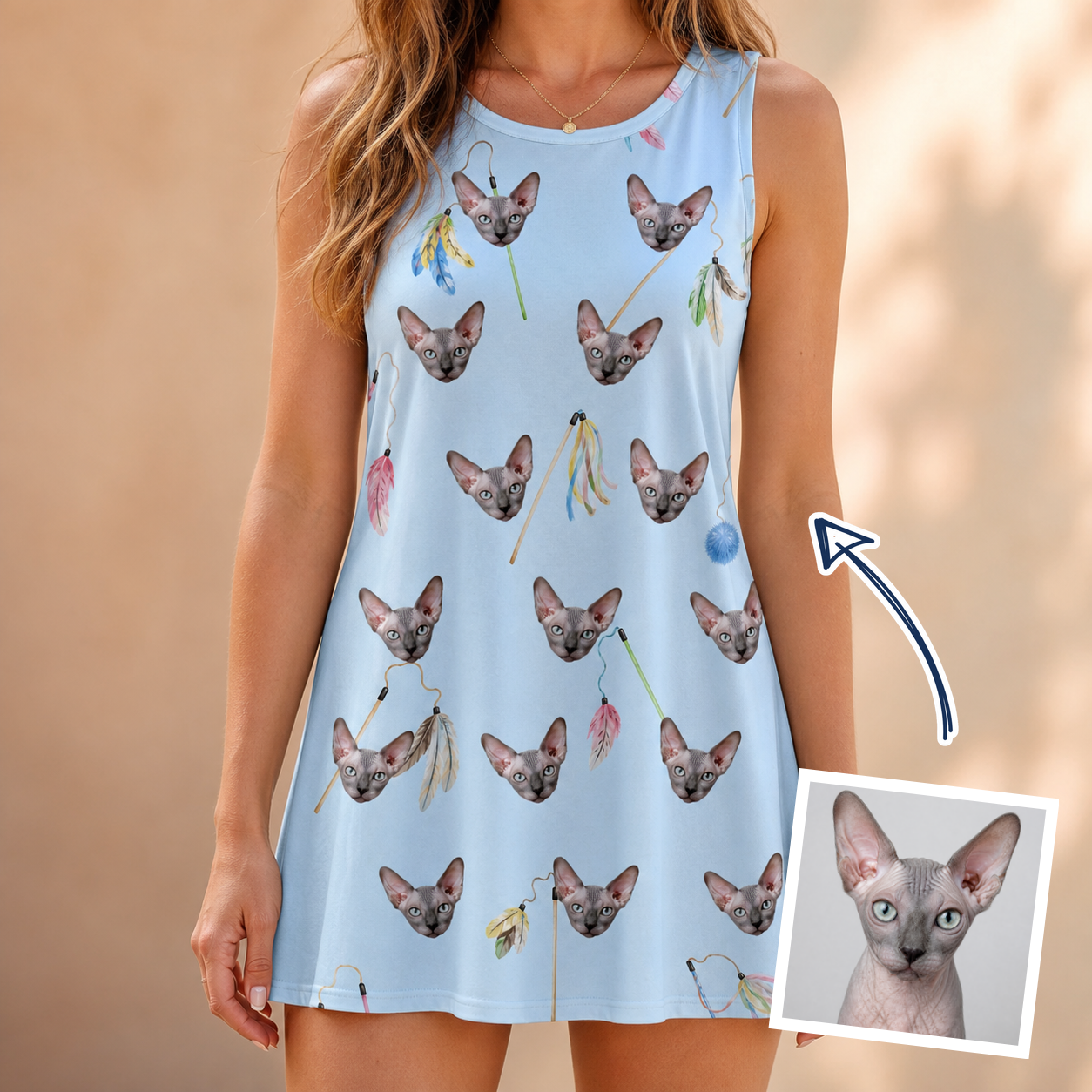 Woman wearing Women's Pounce Patrol Custom Cat Face Tank Dress — custom faces printed all-over