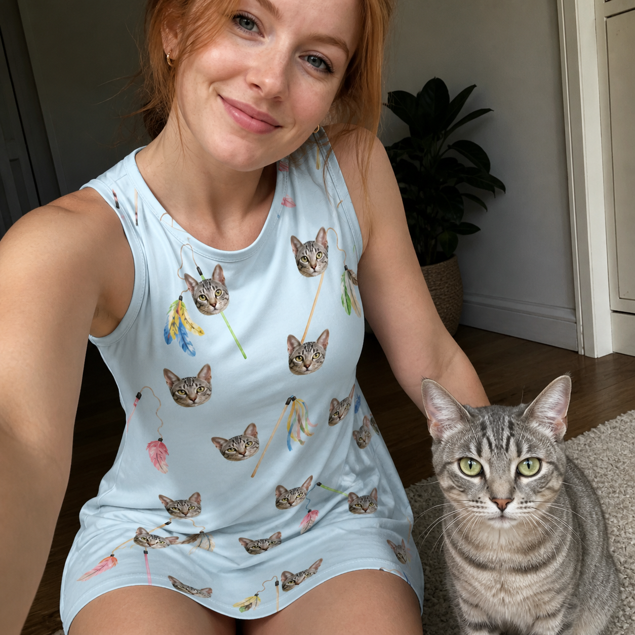 Selfie with the pet whose face is printed all over this Women's Pounce Patrol Custom Cat Face Tank Dress