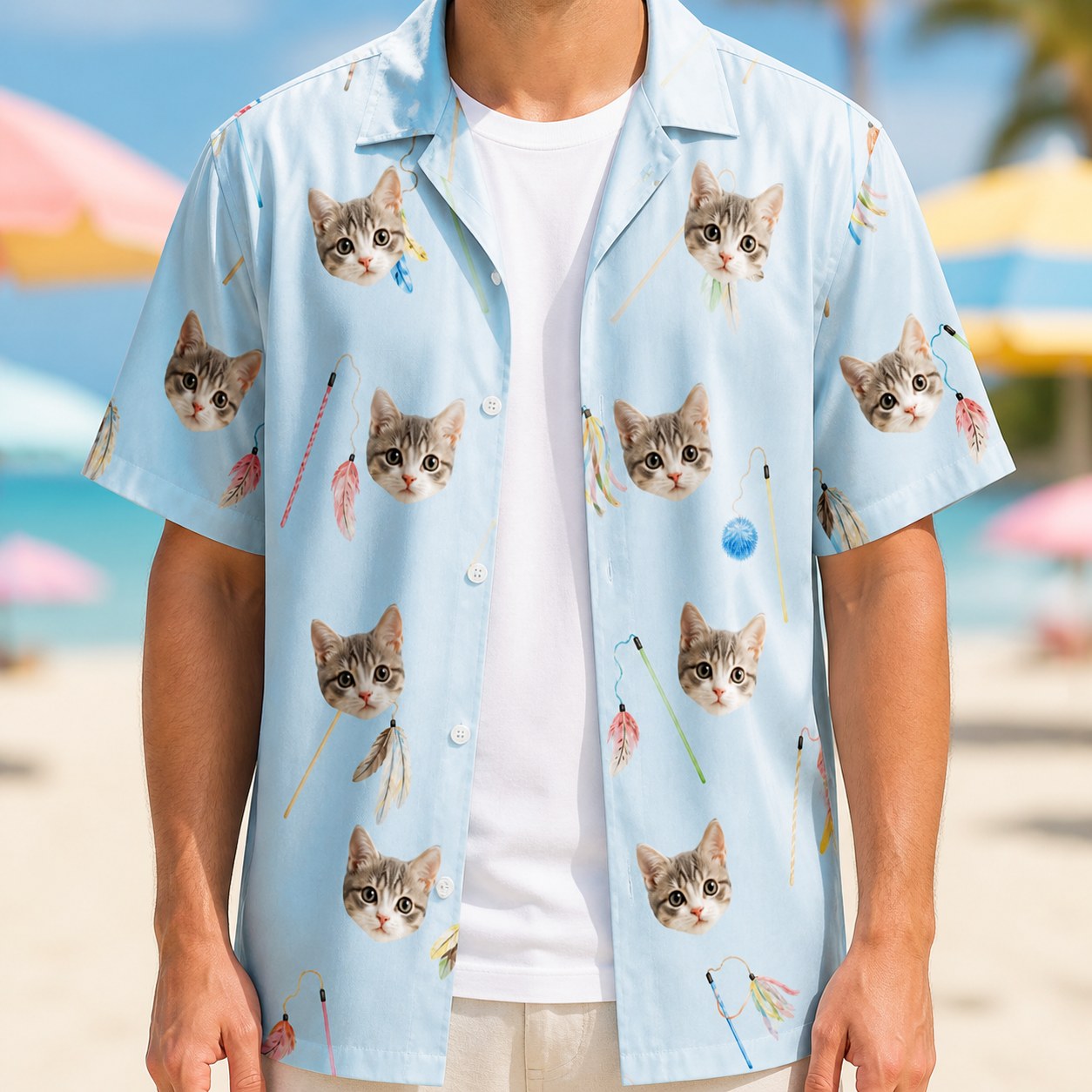 Man wearing Men's Pounce Patrol Custom Cat Face Hawaiian Shirt open over a white tee