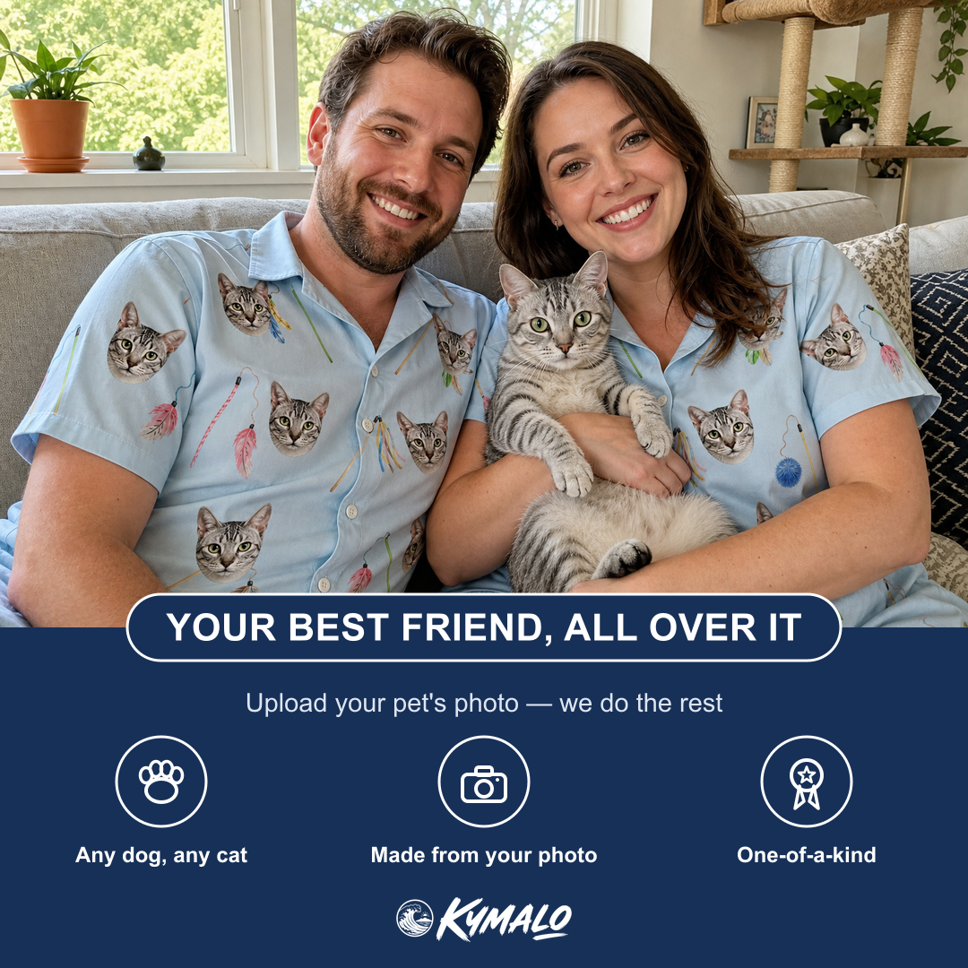 Friends in matching Men's Pounce Patrol Custom Cat Face Hawaiian Shirt — a group gift photo