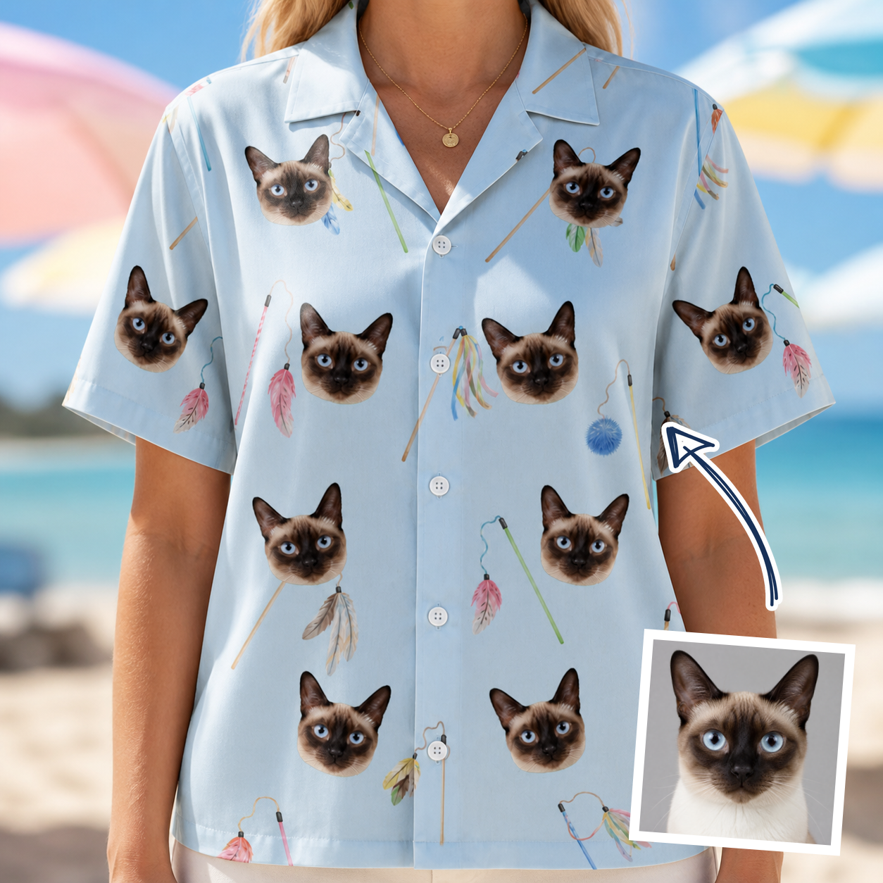 Woman wearing Women's Pounce Patrol Custom Cat Face Hawaiian Shirt — custom faces printed all-over