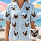 Woman wearing Women's Pounce Patrol Custom Cat Face Hawaiian Shirt — custom faces printed all-over