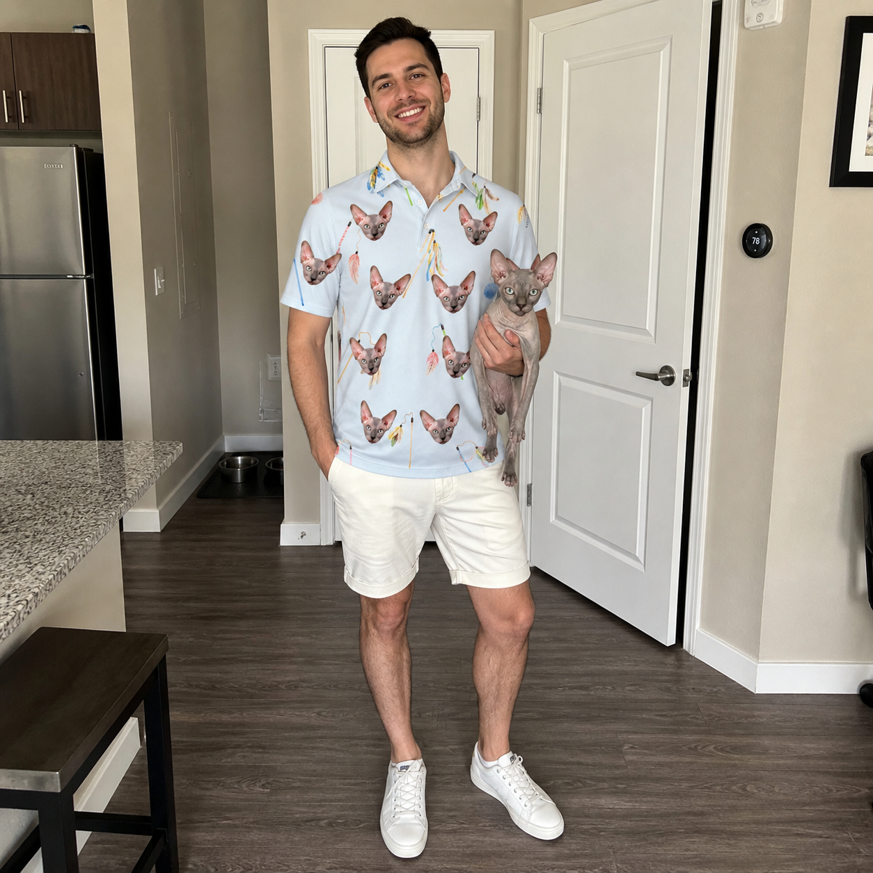 Full-length photo with the pet printed all over this Men's Pounce Patrol Custom Cat Face Polo Shirt