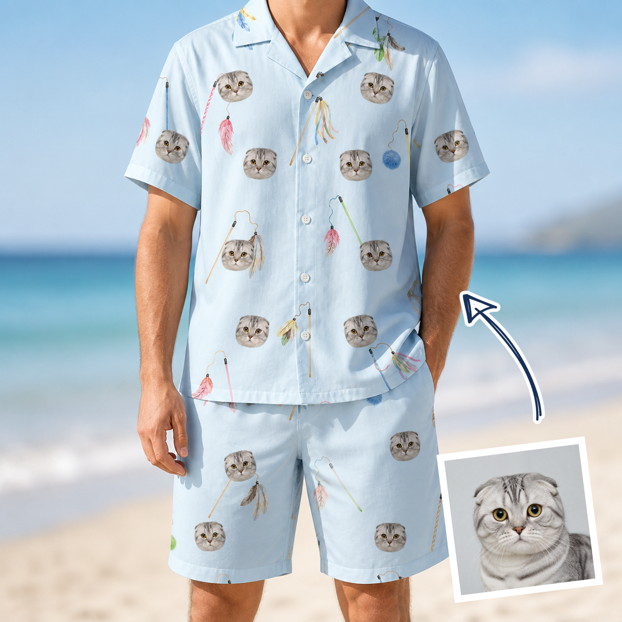 Man wearing Men's Pounce Patrol Custom Cat Face Shirt & Shorts Set — custom faces printed all-over
