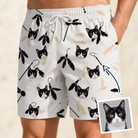 Man wearing Men's Clawful Feathers Custom Cat Face Beach Shorts — custom faces printed all-over