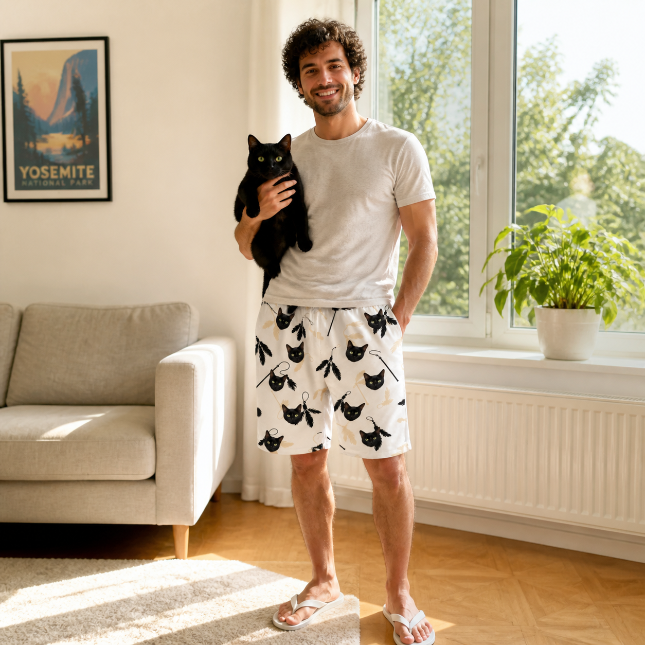 Full-length photo with the pet printed all over this Men's Clawful Feathers Custom Cat Face Beach Shorts
