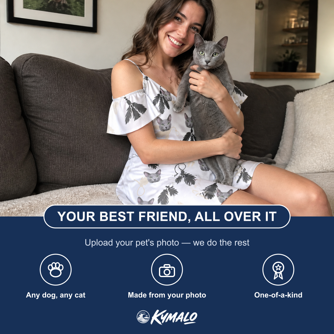 Friends in matching Women's Clawful Feathers Custom Cat Face Off-Shoulder Dress — a group gift photo