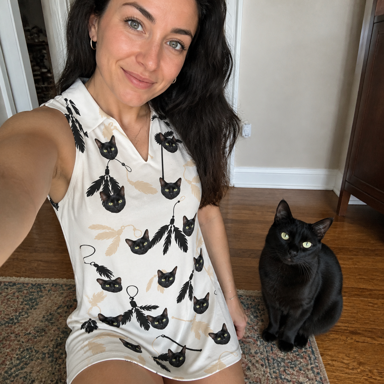 Selfie with the pet whose face is printed all over this Women's Clawful Feathers Custom Cat Face V-Neck Dress