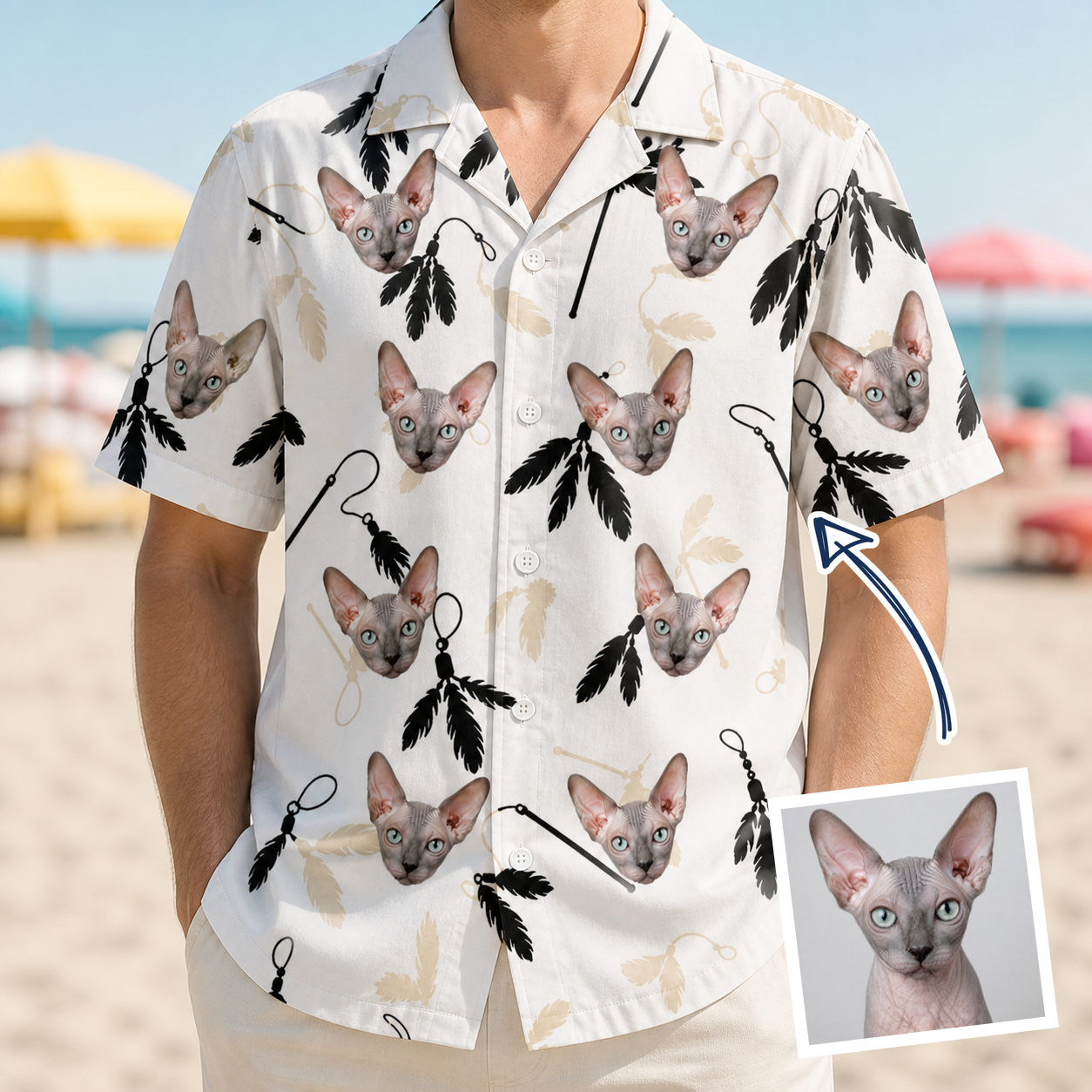 Man wearing Men's Clawful Feathers Custom Cat Face Hawaiian Shirt — custom faces printed all-over