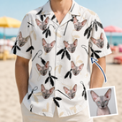 Man wearing Men's Clawful Feathers Custom Cat Face Hawaiian Shirt — custom faces printed all-over