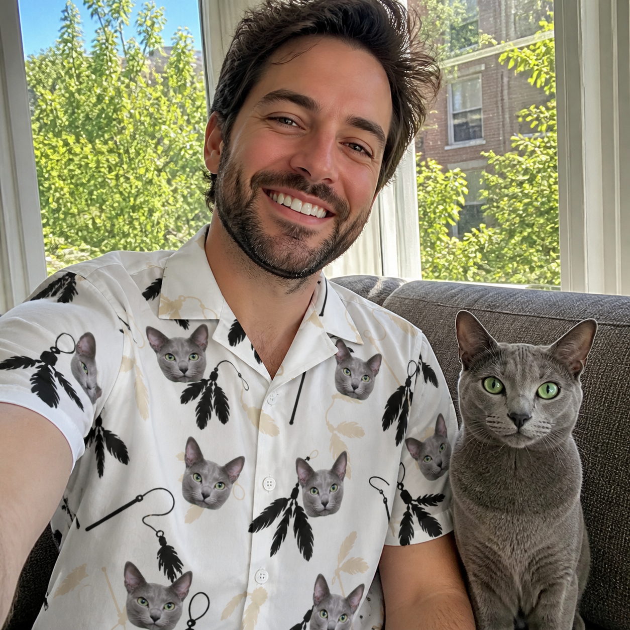 Selfie with the pet whose face is printed all over this Men's Clawful Feathers Custom Cat Face Hawaiian Shirt