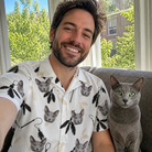 Selfie with the pet whose face is printed all over this Men's Clawful Feathers Custom Cat Face Hawaiian Shirt
