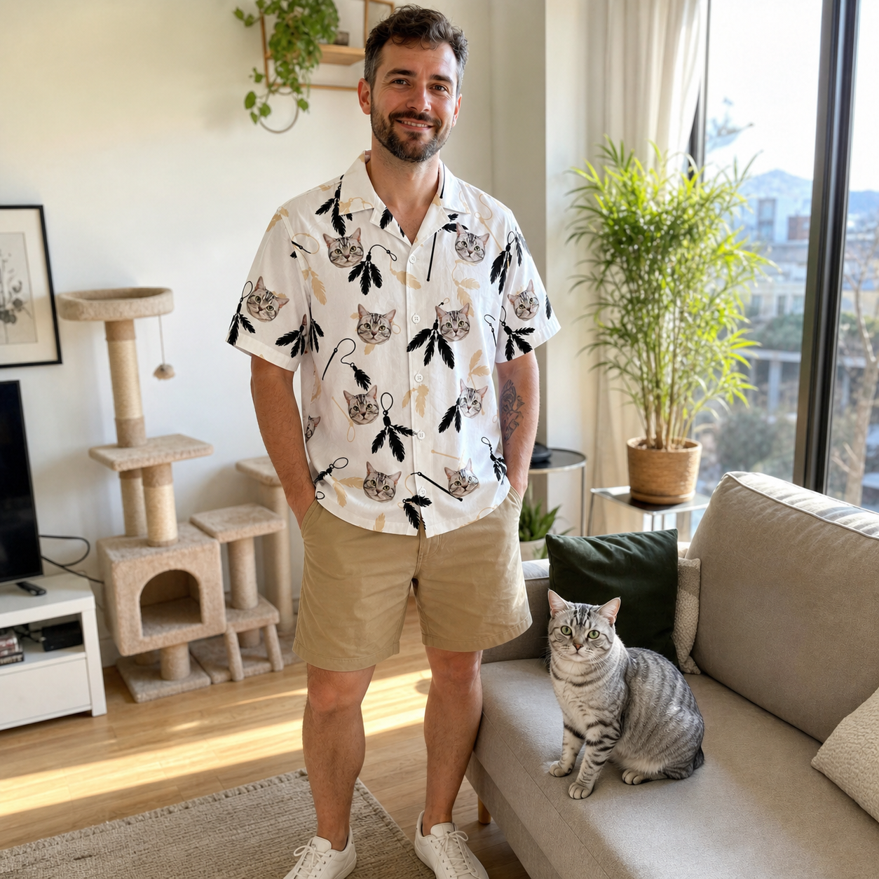 Full-length photo with the pet printed all over this Men's Clawful Feathers Custom Cat Face Hawaiian Shirt