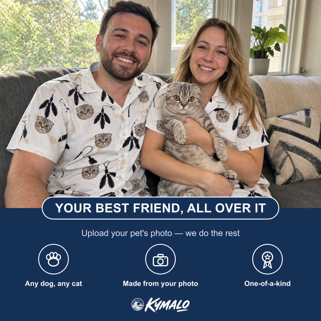 Friends in matching Men's Clawful Feathers Custom Cat Face Hawaiian Shirt — a group gift photo
