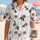 Woman wearing Women's Clawful Feathers Custom Cat Face Hawaiian Shirt — custom faces printed all-over