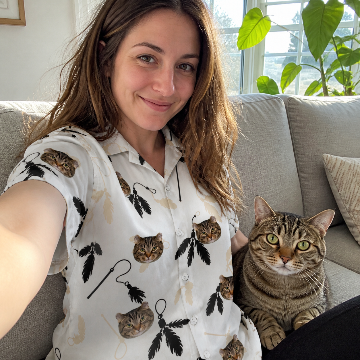 Selfie with the pet whose face is printed all over this Women's Clawful Feathers Custom Cat Face Hawaiian Shirt