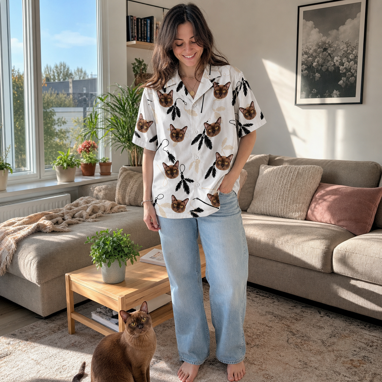 Full-length photo with the pet printed all over this Women's Clawful Feathers Custom Cat Face Hawaiian Shirt