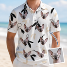 Man wearing Men's Clawful Feathers Custom Cat Face Polo Shirt — custom faces printed all-over