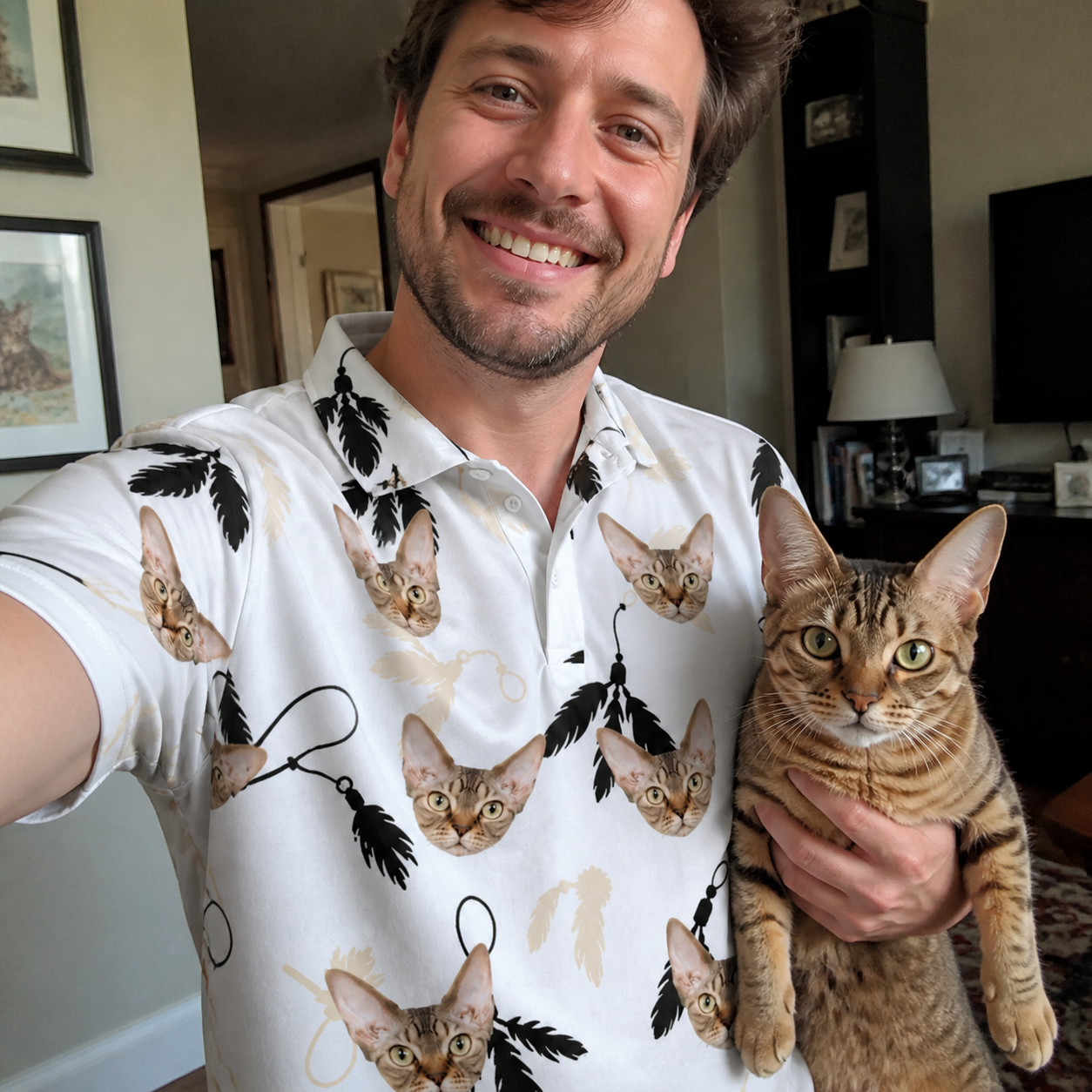 Selfie with the pet whose face is printed all over this Men's Clawful Feathers Custom Cat Face Polo Shirt