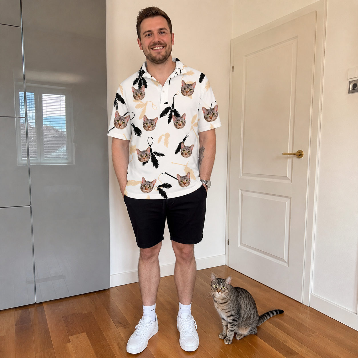 Full-length photo with the pet printed all over this Men's Clawful Feathers Custom Cat Face Polo Shirt
