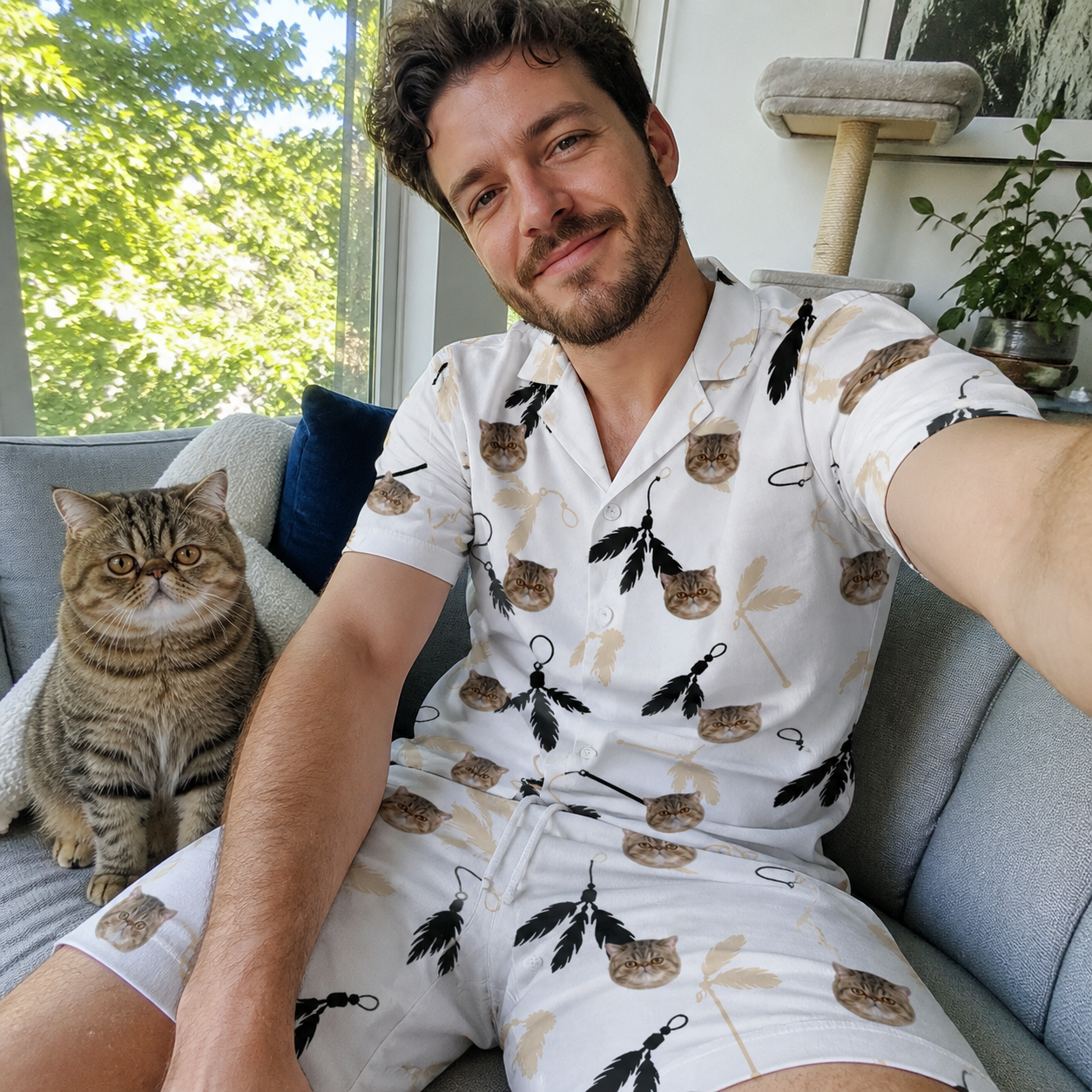 Selfie with the pet whose face is printed all over this Men's Clawful Feathers Custom Cat Face Shirt & Shorts Set