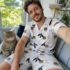Selfie with the pet whose face is printed all over this Men's Clawful Feathers Custom Cat Face Shirt & Shorts Set