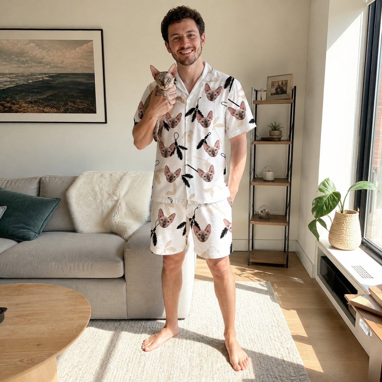 Full-length photo with the pet printed all over this Men's Clawful Feathers Custom Cat Face Shirt & Shorts Set