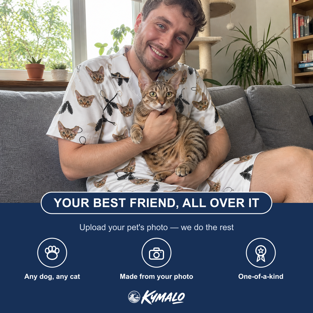 Friends in matching Men's Clawful Feathers Custom Cat Face Shirt & Shorts Set — a group gift photo