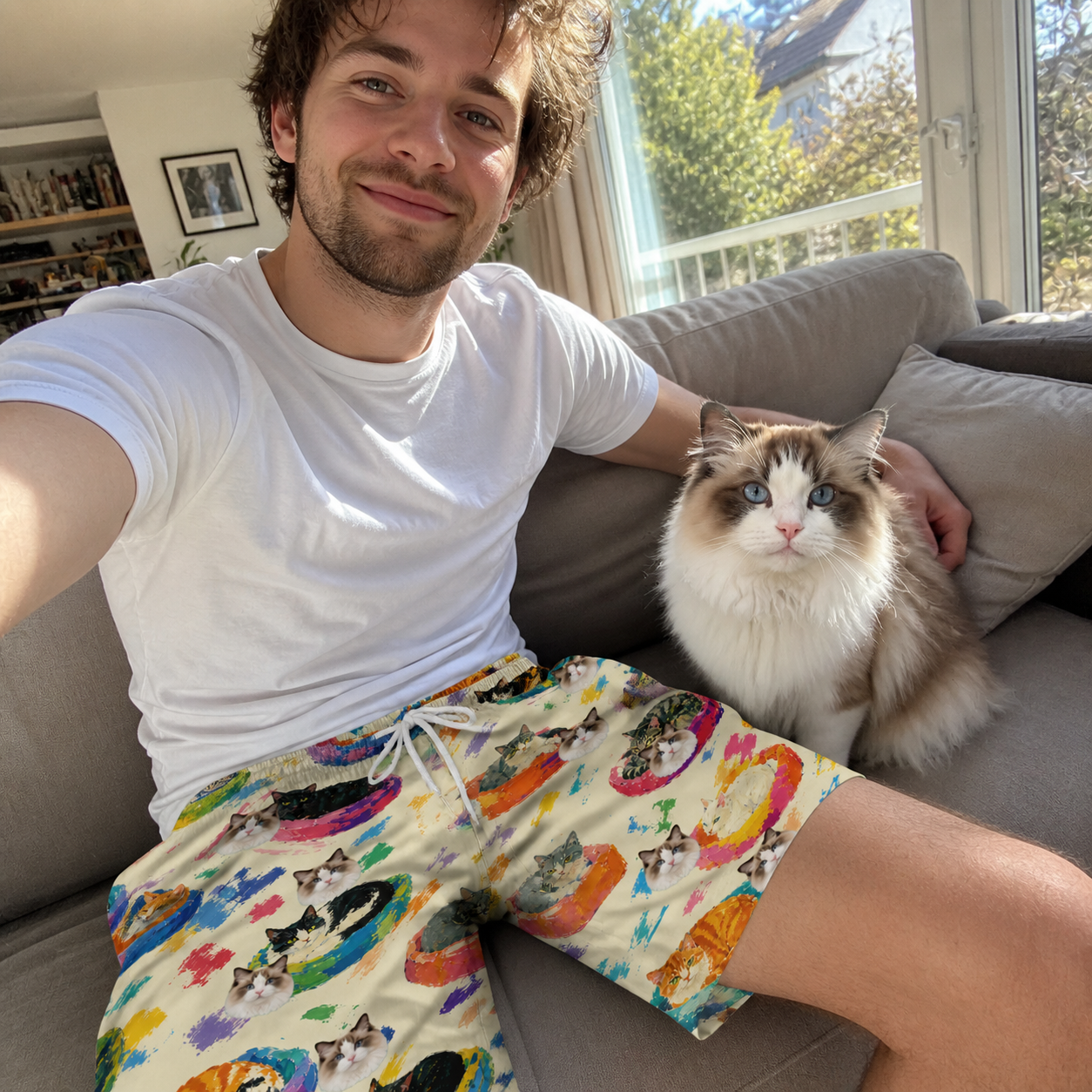 Selfie with the pet whose face is printed all over this Men's Catnap Cabins Custom Cat Face Beach Shorts