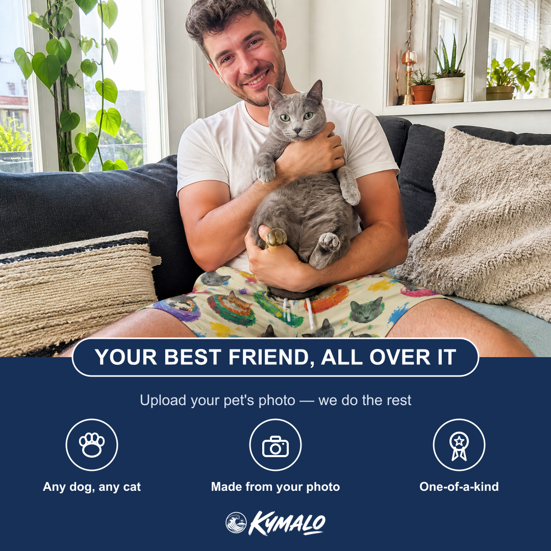 Friends in matching Men's Catnap Cabins Custom Cat Face Beach Shorts — a group gift photo