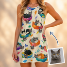 Woman wearing Women's Catnap Cabins Custom Cat Face Tank Dress — custom faces printed all-over
