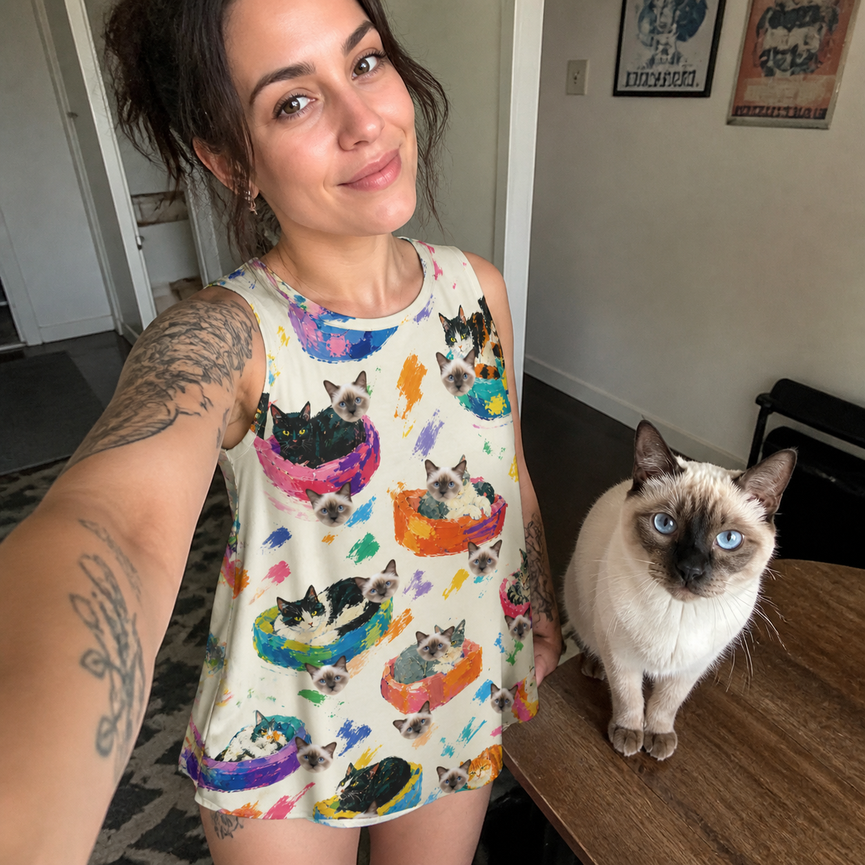 Selfie with the pet whose face is printed all over this Women's Catnap Cabins Custom Cat Face Tank Dress