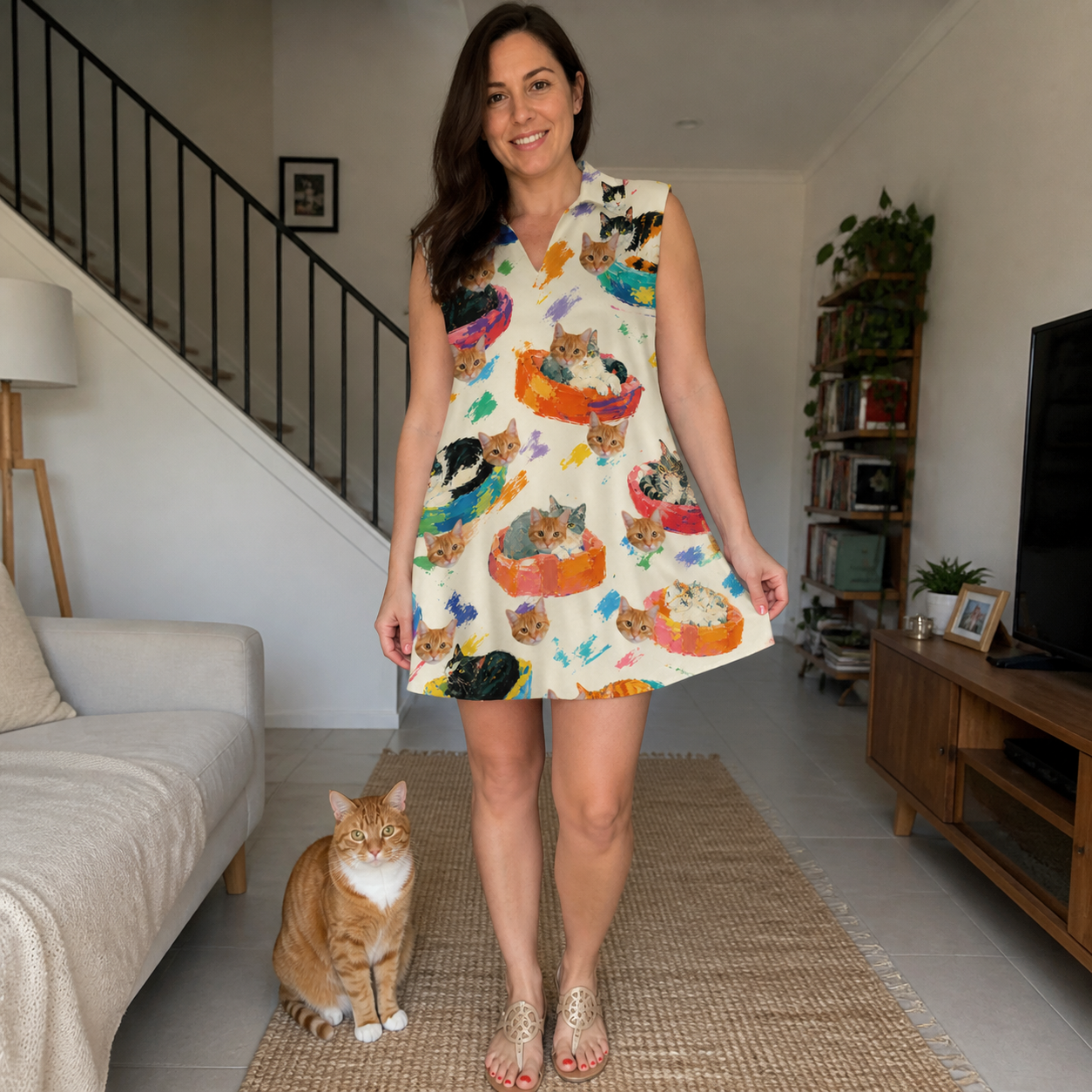 Full-length photo with the pet printed all over this Women's Catnap Cabins Custom Cat Face V-Neck Dress