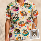 Man wearing Men's Catnap Cabins Custom Cat Face Hawaiian Shirt — custom faces printed all-over