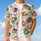 Man wearing Men's Catnap Cabins Custom Cat Face Hawaiian Shirt open over a white tee