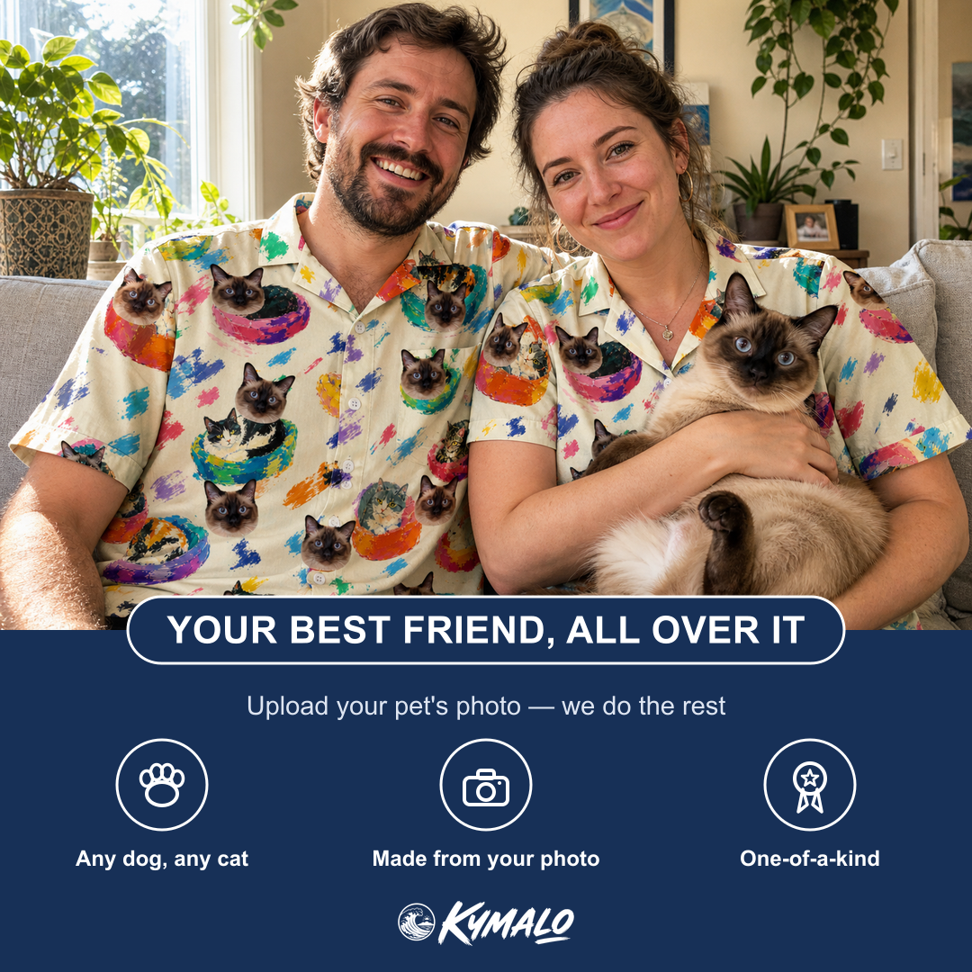 Friends in matching Men's Catnap Cabins Custom Cat Face Hawaiian Shirt — a group gift photo