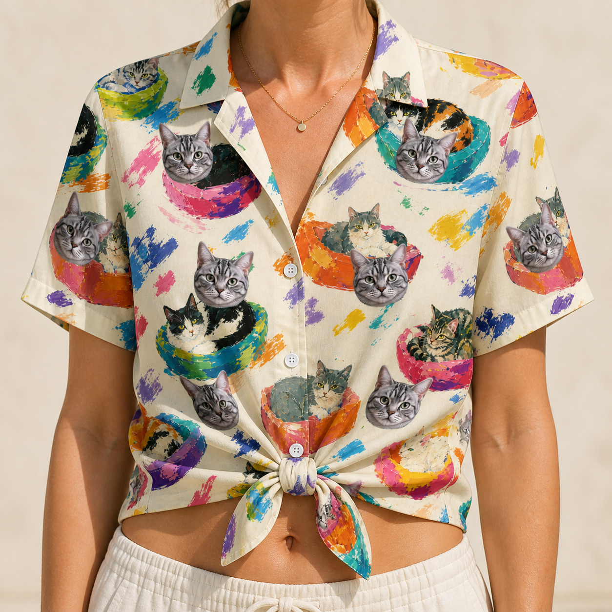 Woman wearing Women's Catnap Cabins Custom Cat Face Hawaiian Shirt tied at the waist
