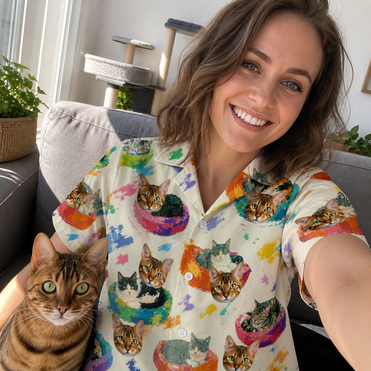 Selfie with the pet whose face is printed all over this Women's Catnap Cabins Custom Cat Face Hawaiian Shirt