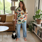 Full-length photo with the pet printed all over this Women's Catnap Cabins Custom Cat Face Hawaiian Shirt