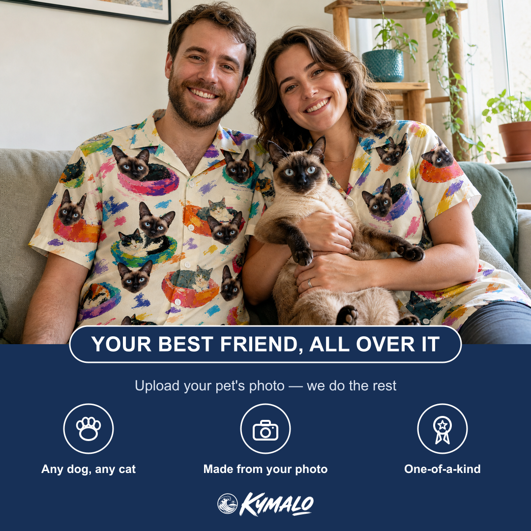 Friends in matching Women's Catnap Cabins Custom Cat Face Hawaiian Shirt — a group gift photo