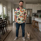Full-length photo with the pet printed all over this Men's Catnap Cabins Custom Cat Face Polo Shirt