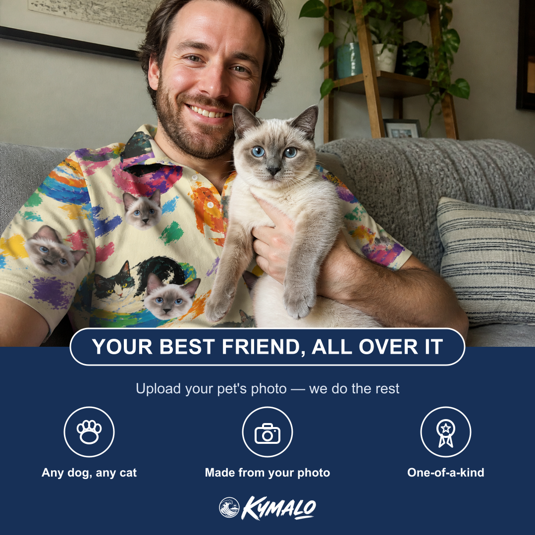 Friends in matching Men's Catnap Cabins Custom Cat Face Polo Shirt — a group gift photo