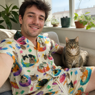 Selfie with the pet whose face is printed all over this Men's Catnap Cabins Custom Cat Face Shirt & Shorts Set